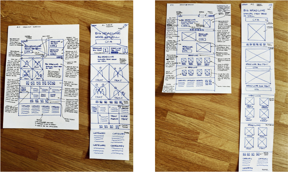wireframes of the Kaus website
