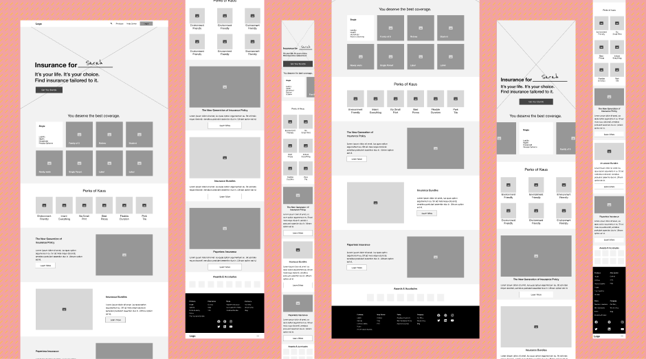 wireframes of the Kaus website